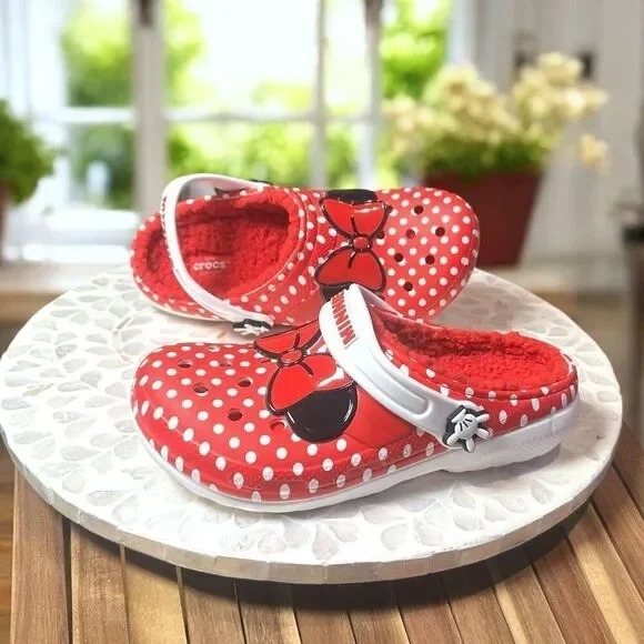Crocs Kids Minnie Mouse Lined Classic Clog Red Polka Dot Cozy Disney Parks Size - Picture 6 of 12